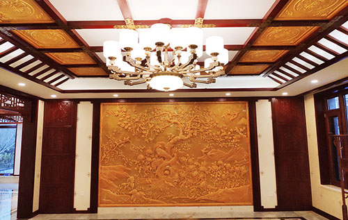 凤冈中式别墅客厅中式木作横梁吊顶装饰展示